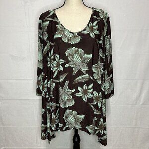 NEW Ella Samani Women's Plus Size 2X Brown Teal Floral Handkerchief Tunic NWT